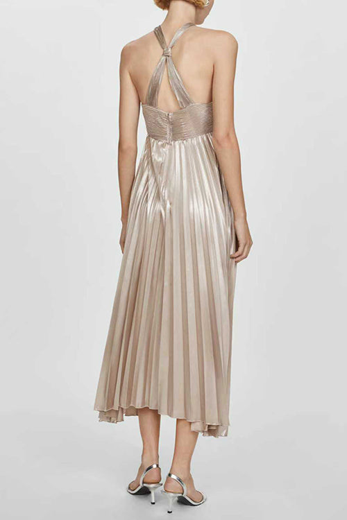 Halter Neck Pleated Metallic Maxi Dress
