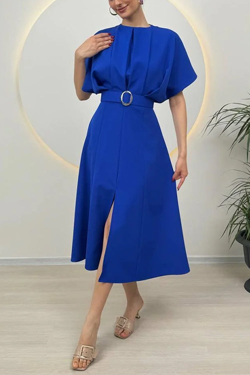 Febedress Crewneck Short Sleeves Belted Slit Midi Dress
