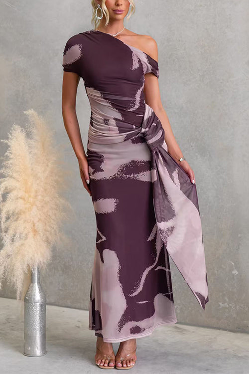 Asymmetrical Shoulder Draped Front Printed Maxi Dress