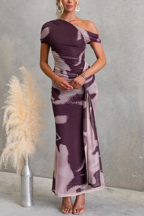 Asymmetrical Shoulder Draped Front Printed Maxi Dress