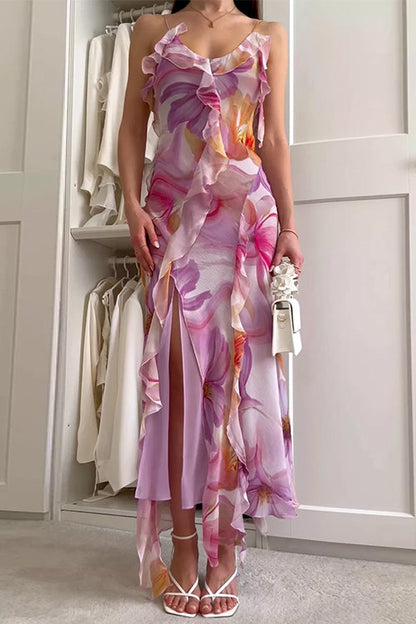 Febedress V Neck Backless Ruffle Trim Slit Floral Print Maxi Cami Dress