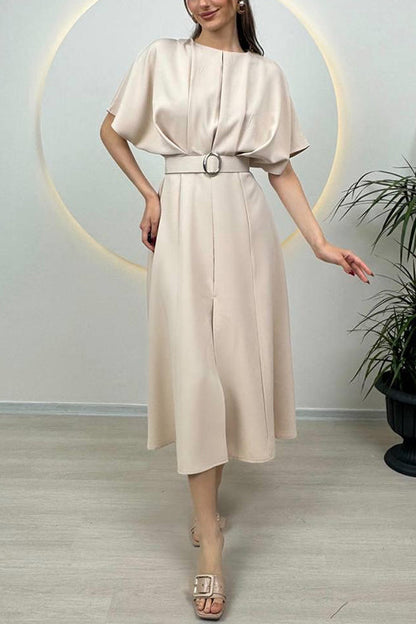 Febedress Crewneck Short Sleeves Belted Slit Midi Dress