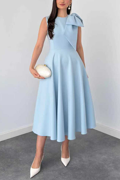 Crewneck Sleeveless Bow Shoulder Swing Midi Dress