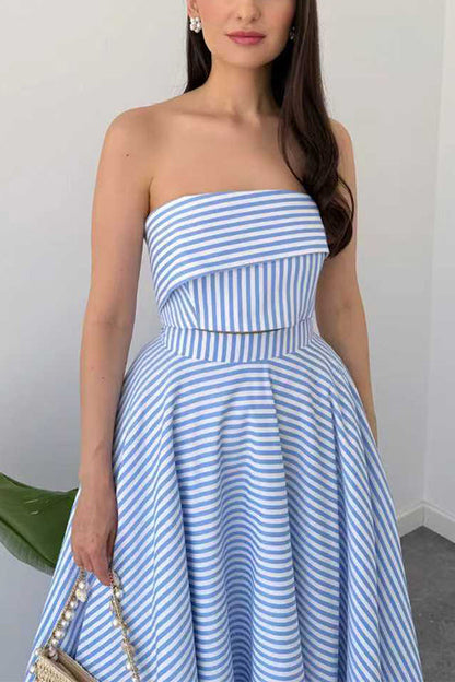 Striped Strapless Tube Crop Top High Rise Pocketed Midi Skirt Set