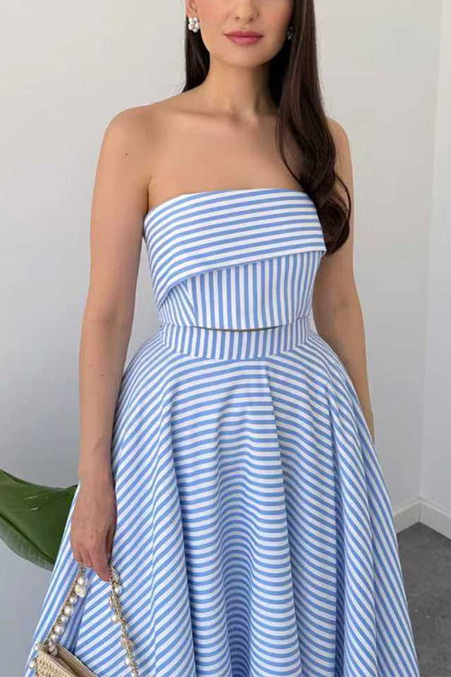 Striped Strapless Tube Crop Top High Rise Pocketed Midi Skirt Set