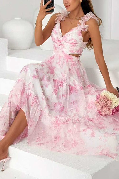 V Neck Sleeveless Cut Out Waist Floral Print Ruffle Maxi Dress