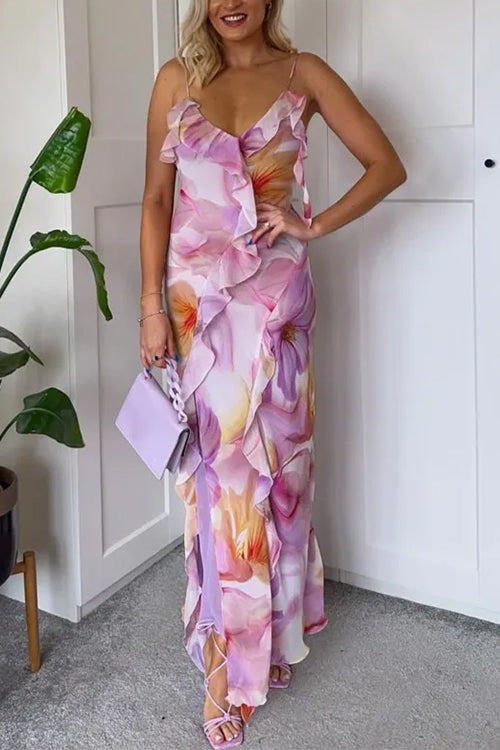 Febedress V Neck Backless Ruffle Trim Slit Floral Print Maxi Cami Dress