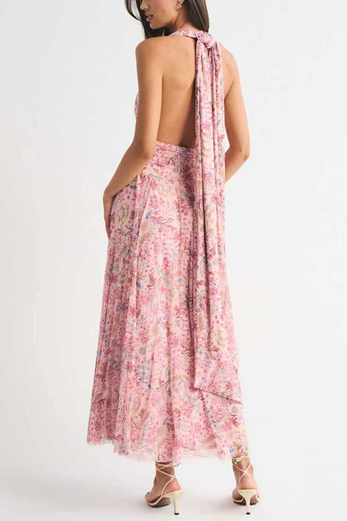 Halter V Neck Floral Print Maxi Dress