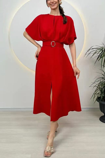 Febedress Crewneck Short Sleeves Belted Slit Midi Dress
