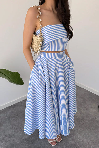 Striped Strapless Tube Crop Top High Rise Pocketed Midi Skirt Set