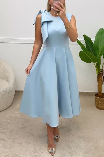Crewneck Sleeveless Bow Shoulder Swing Midi Dress