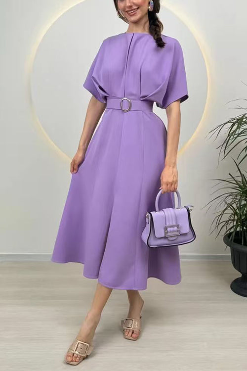 Febedress Crewneck Short Sleeves Belted Slit Midi Dress
