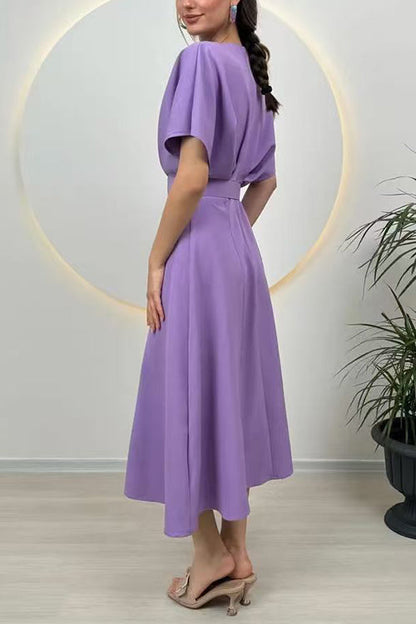 Febedress Crewneck Short Sleeves Belted Slit Midi Dress