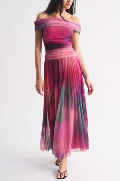 Off Shoulder Sunset Gradient Pleated Maxi Dress