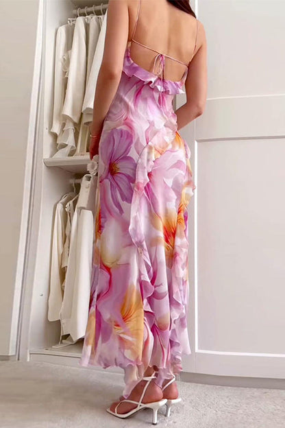 Febedress V Neck Backless Ruffle Trim Slit Floral Print Maxi Cami Dress