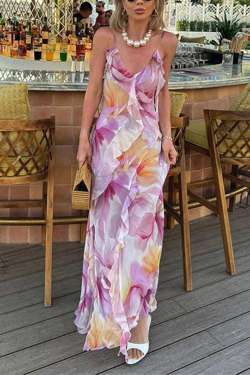Febedress V Neck Backless Ruffle Trim Slit Floral Print Maxi Cami Dress