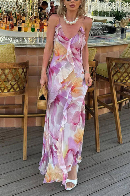 Febedress V Neck Backless Ruffle Trim Slit Floral Print Maxi Cami Dress