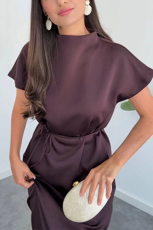 Mockneck Cap Sleeves Satin Midi Dress