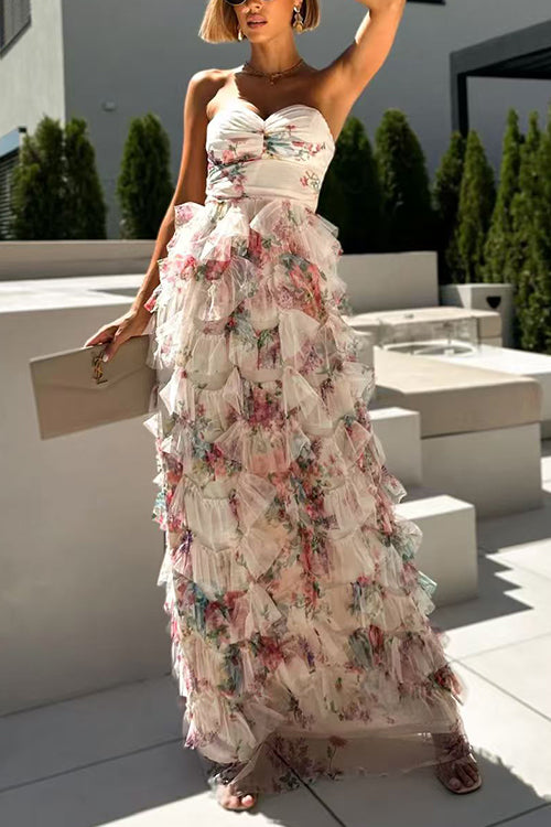 Strapless Floral Print Ruffle Layered Maxi Dress