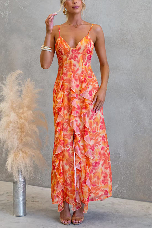 Backless Cut Out Floral Print Ruffle Slit Maxi Cami Dress