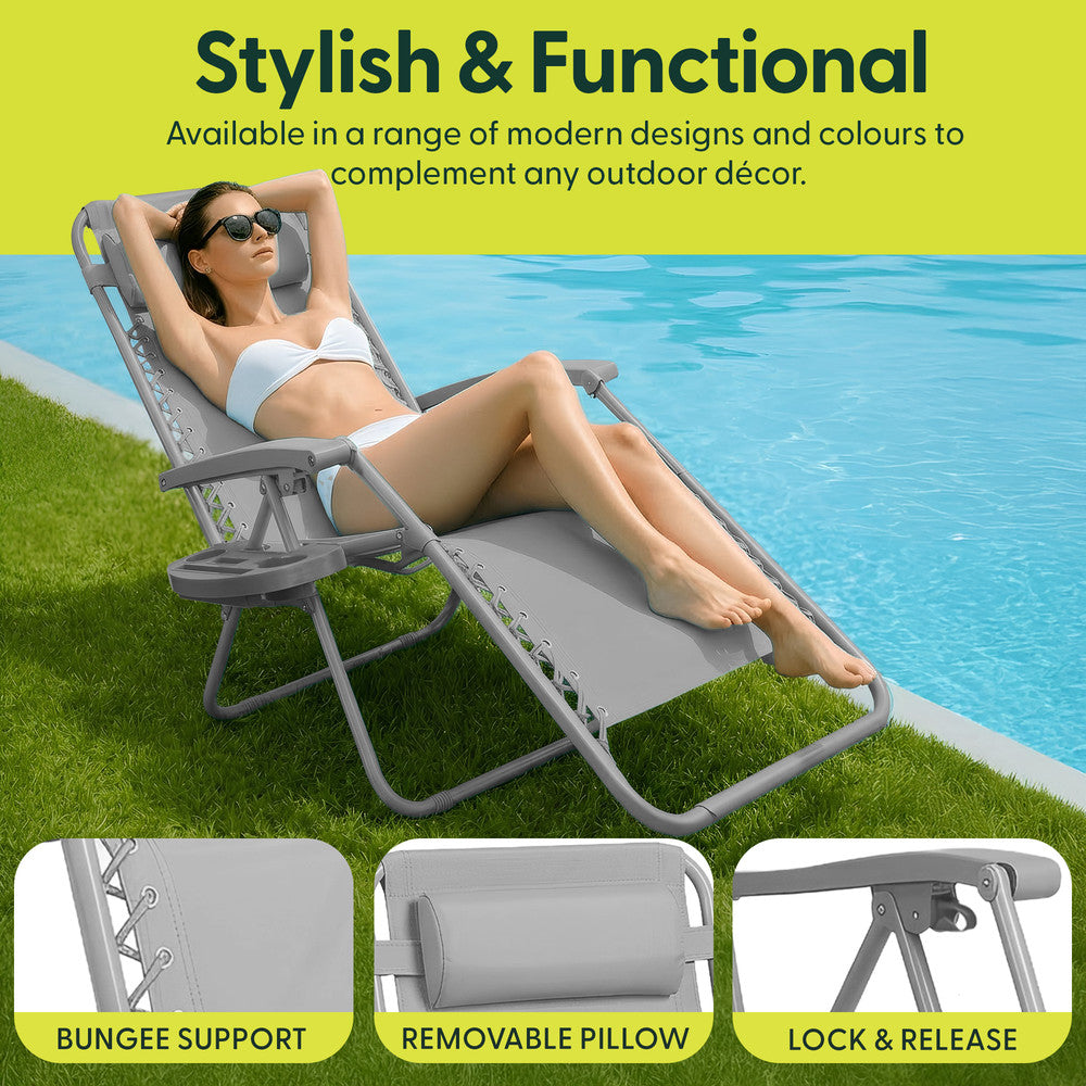 Set of 2 Zero Gravity Reclining Patio Chairs with Cup & Phone Holder